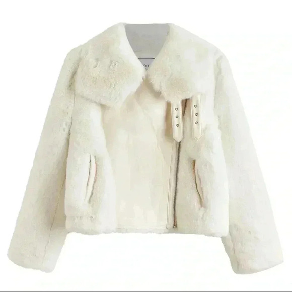 SHEIN Jackets & Blazers - Shein Motf premium faux fur moto cropped jacket white